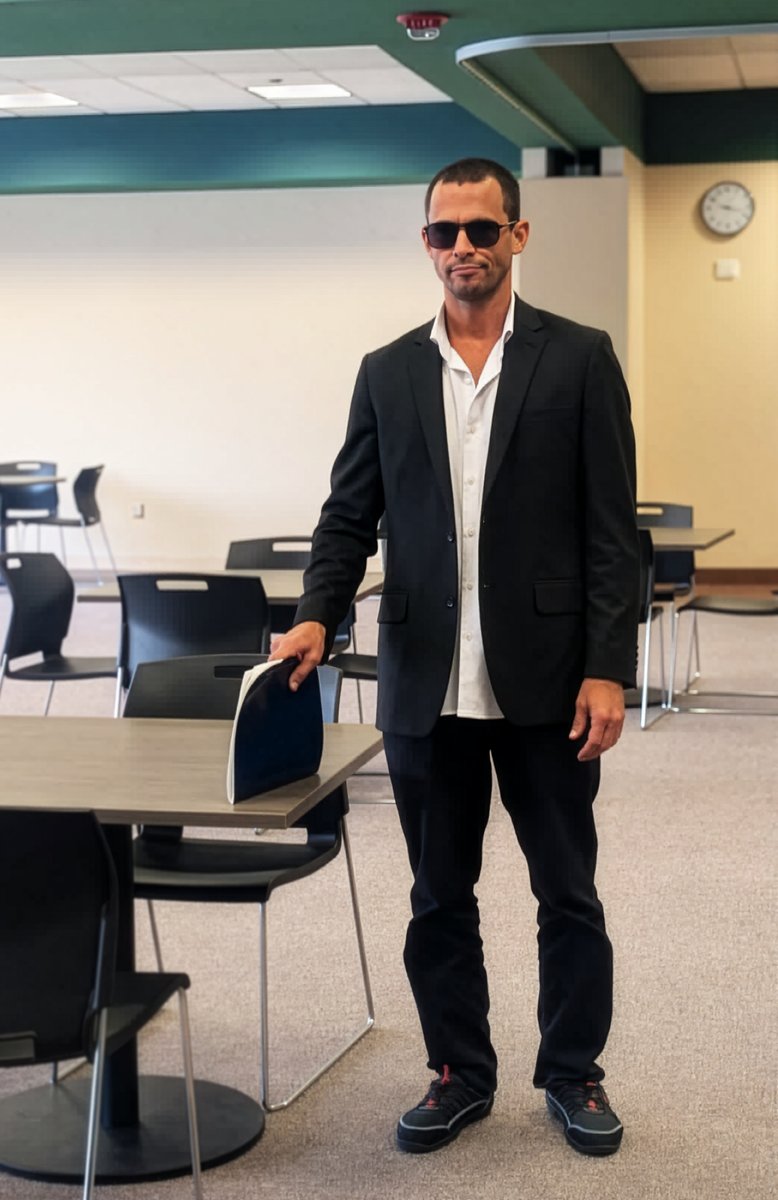 Ernesto Eduardo Dobarganes, standing in a jacket in a classroom